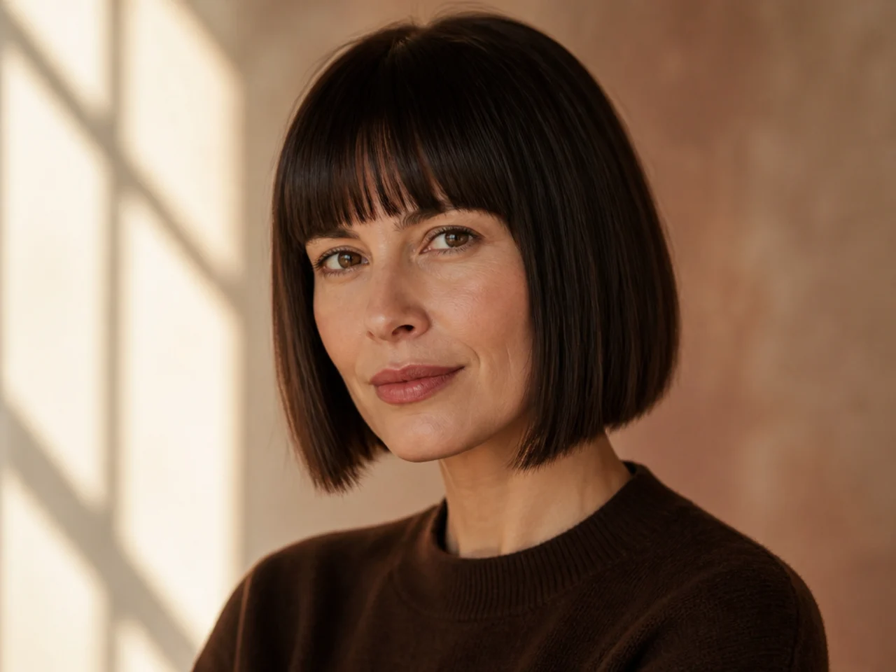A blunt fringe on a classic cut