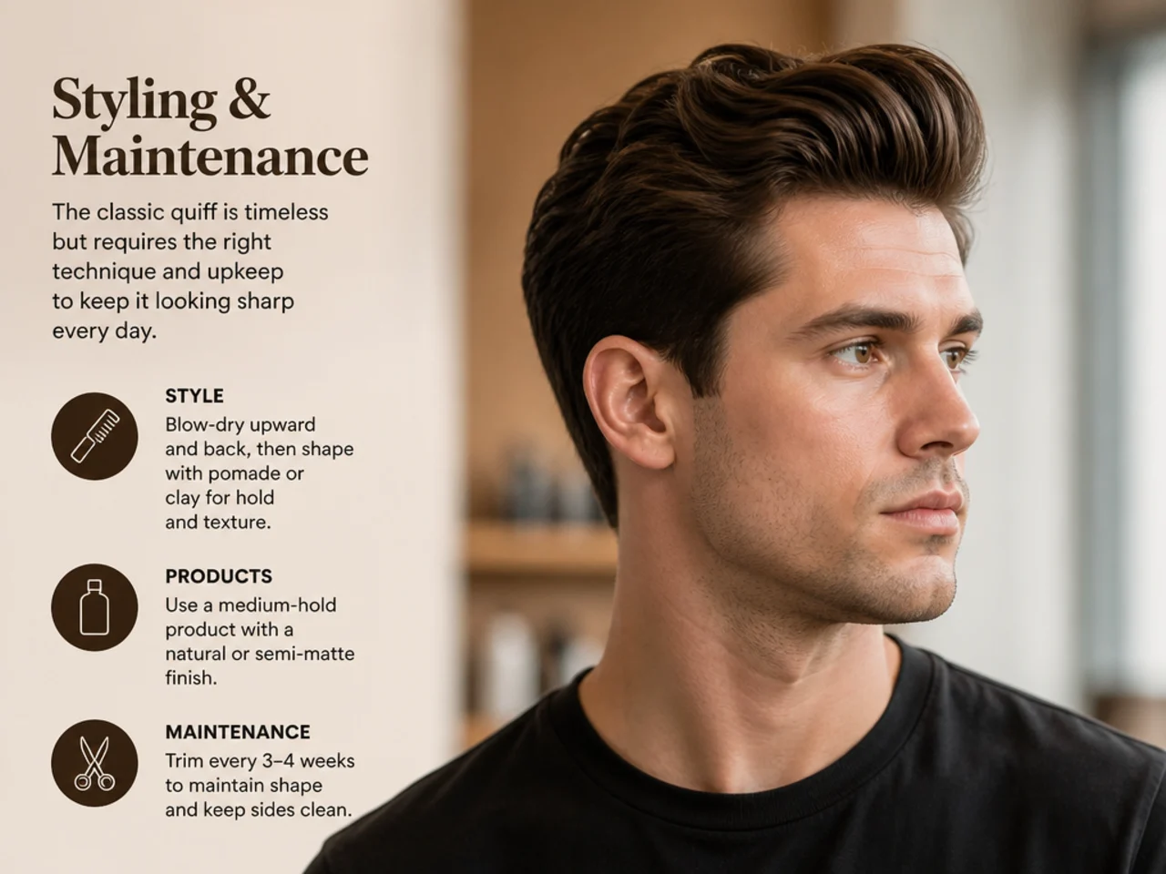 Grooming flat-lay for a classic quiff — pomade tin, fine-tooth comb, hair spray