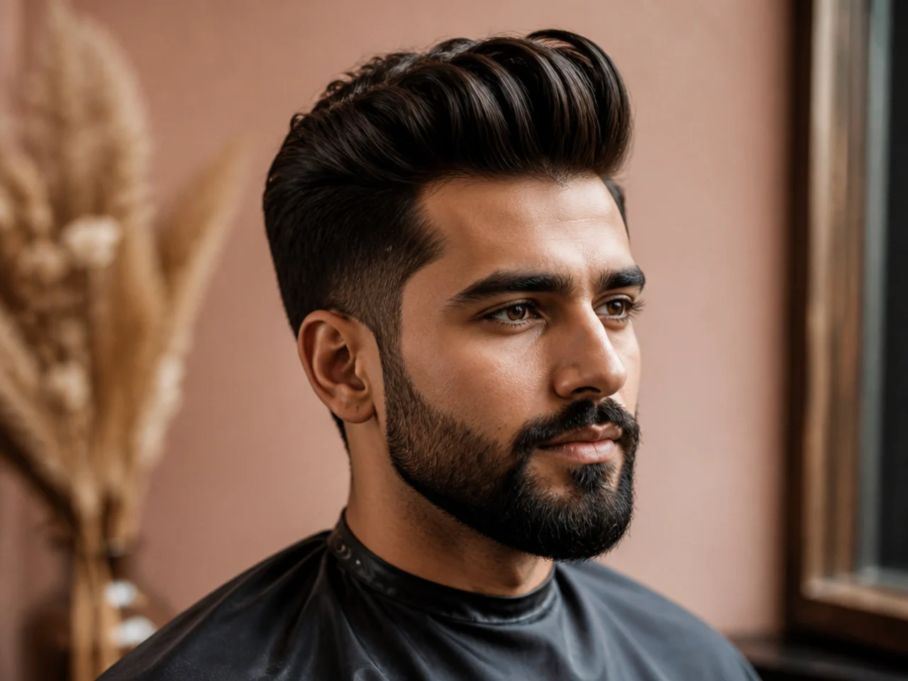 Classic quiff paired with a full trimmed beard for a masculine framed portrait