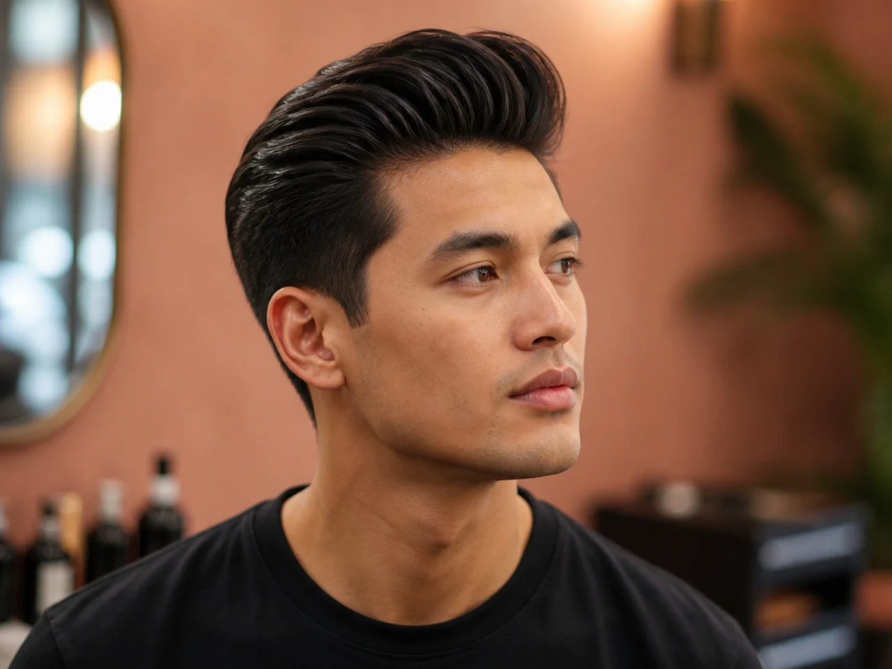 Combed-back classic quiff with no part, front lifted and swept straight back