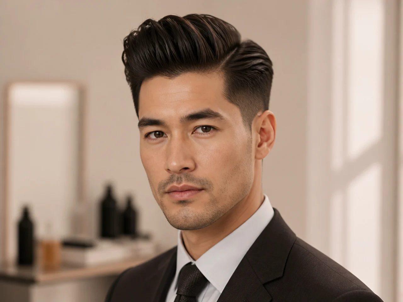 Executive quiff — short pomaded top over a clean low taper for office wear