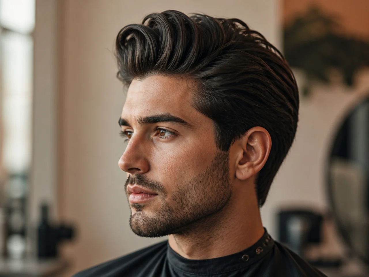 Long classic quiff with 6-inch front swept up and back over scissor-tapered sides