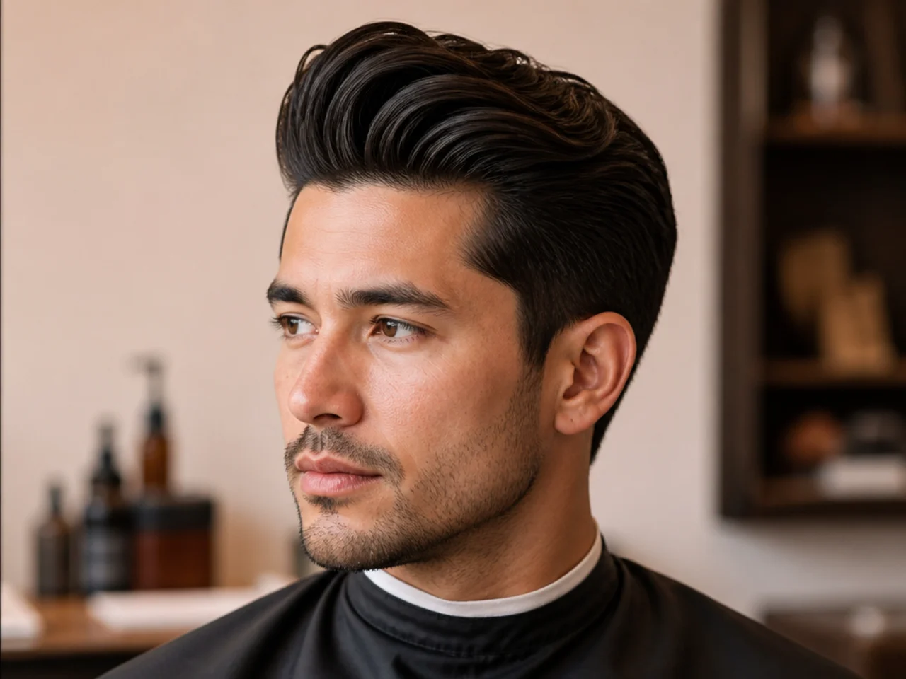 Pomaded classic quiff with visible shine and a clean combed shape