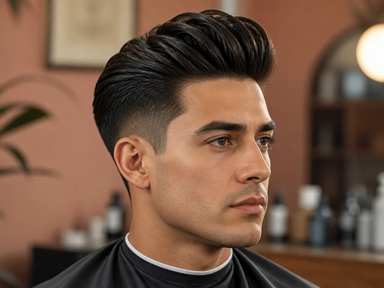 Pompadour quiff with fuller front volume and pomade shine over scissor-tapered sides