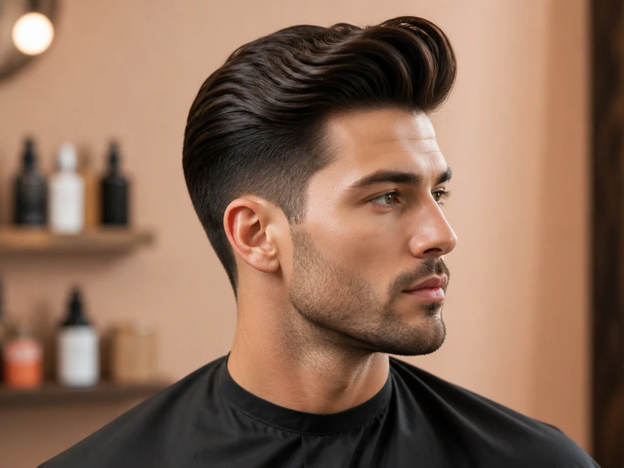 Regent-style classic quiff with a defined hard part, lifted front, and shine pomade