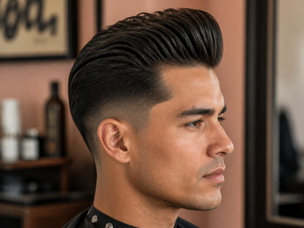 Rockabilly quiff with dramatic front height and rolled crest over tapered sides