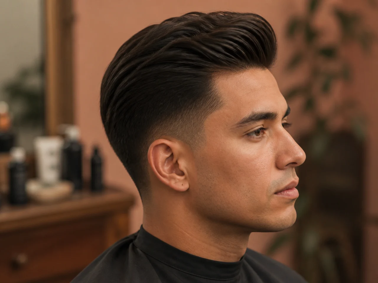 Scissor-tapered classic quiff with no fade — soft graduated sides and swept-up front