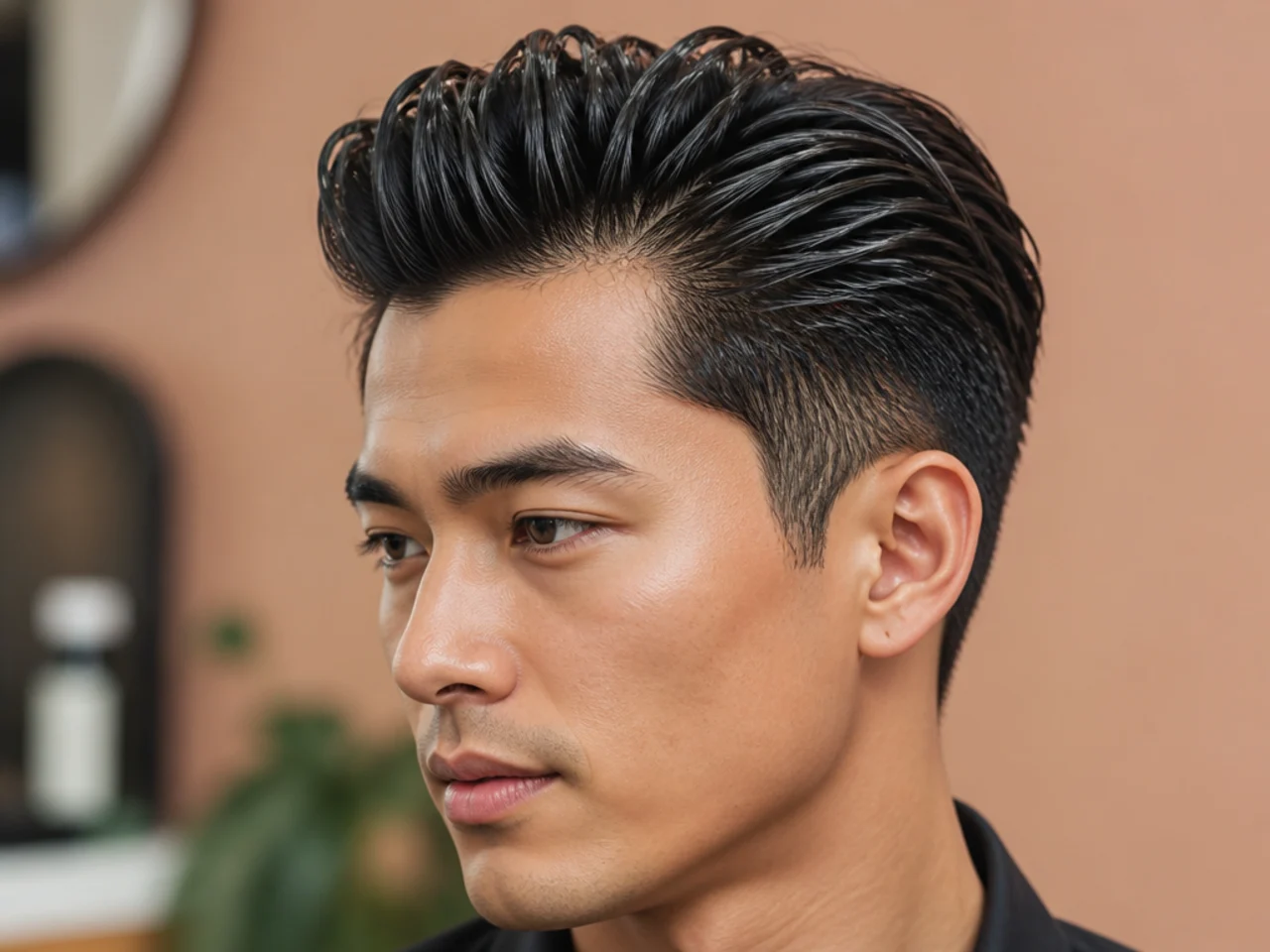 Wet-look classic quiff with heavy pomade gloss and defined comb lines