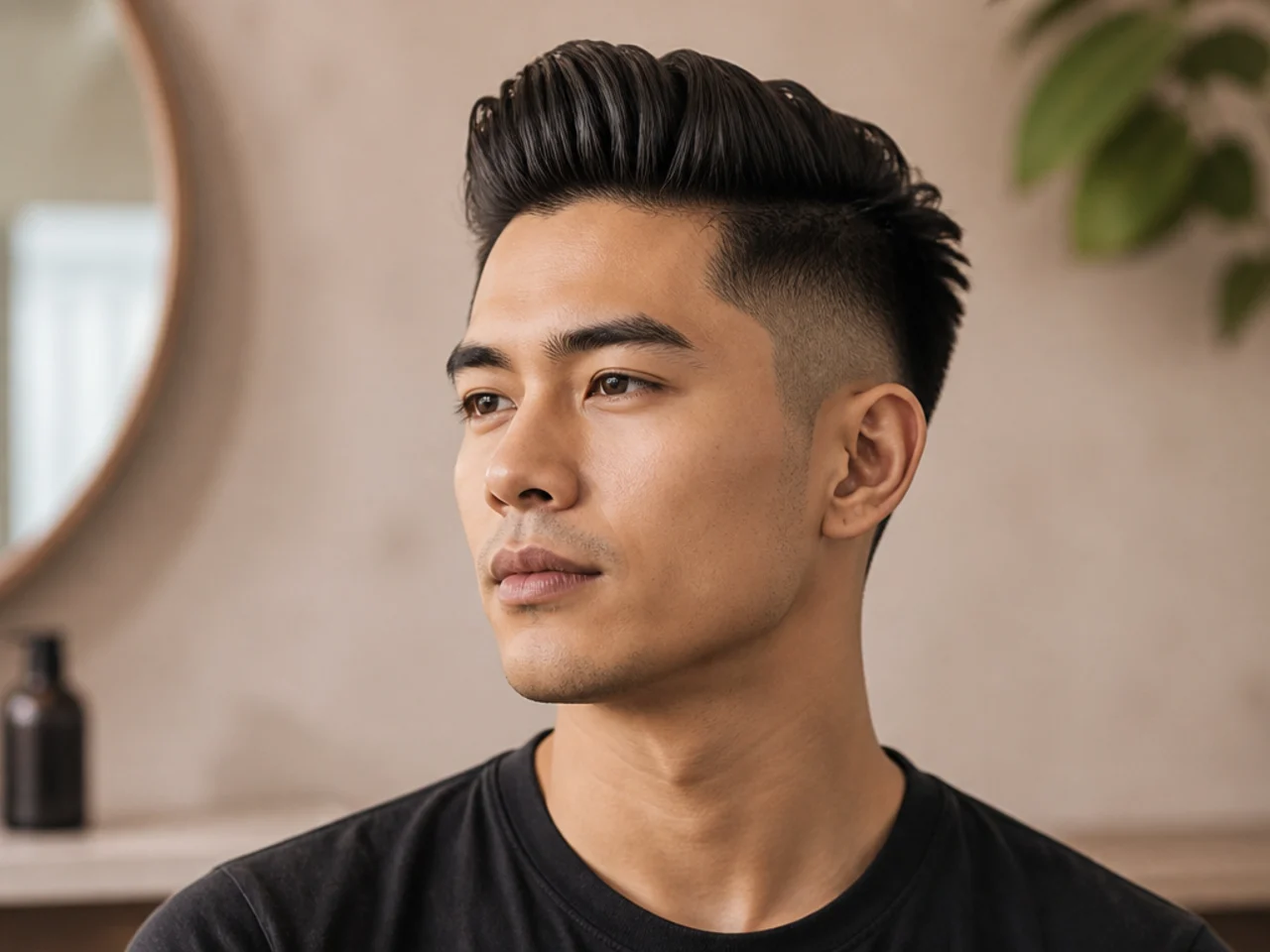 Short pompadour on a man with modest lift at the front and tapered sides