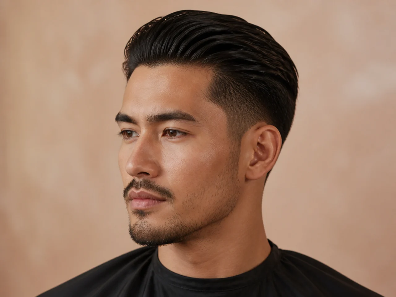 Short slick back on a man with two inches on top slicked flat and tapered sides