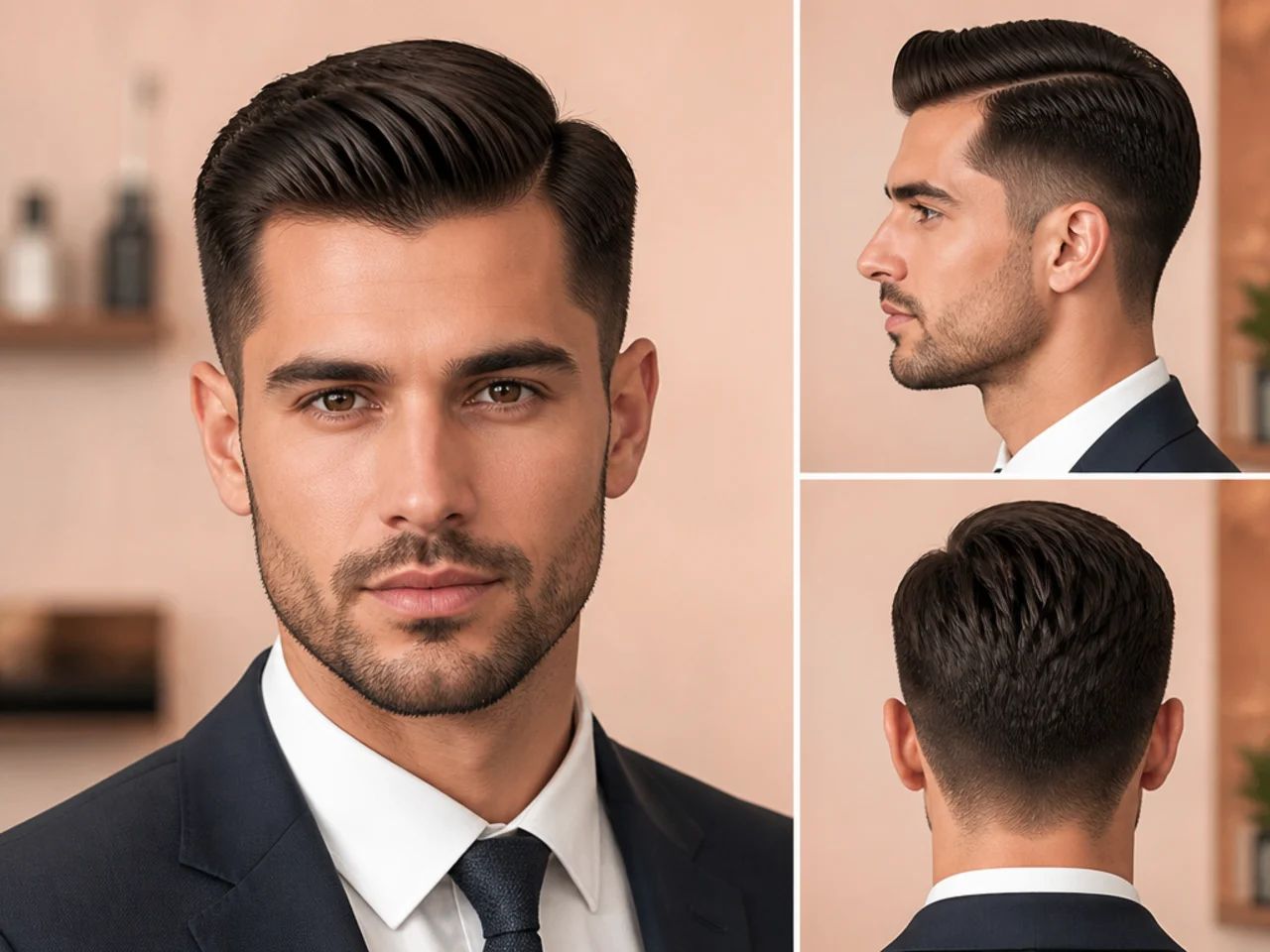 Classic businessman cut on a man with clean side part and one and a half inches on top