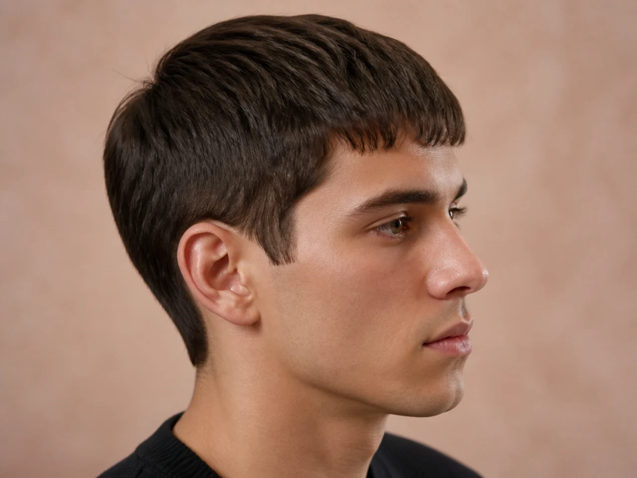Regular boys style short cut on a man with two inches on top and low fade