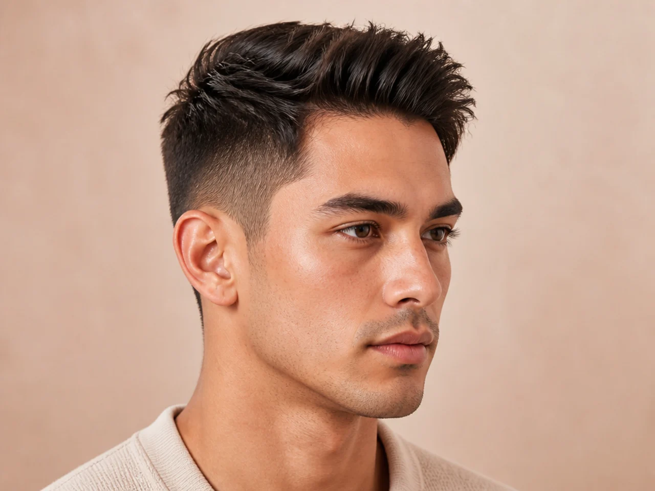 Short brush up on a man with front hair lifted straight up and tapered sides