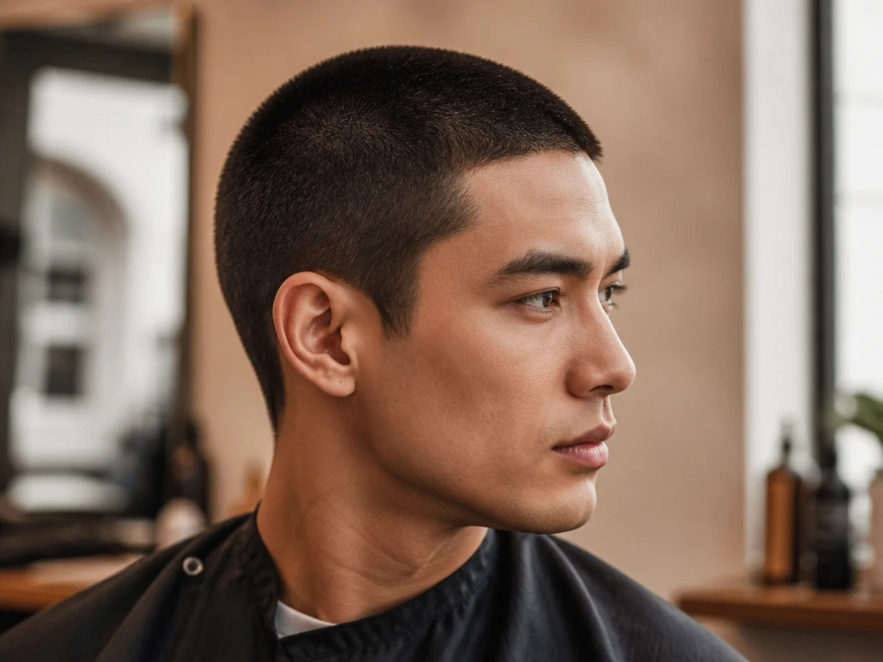 Butch cut on a man with slightly longer top than a buzz and skin fade at the sides