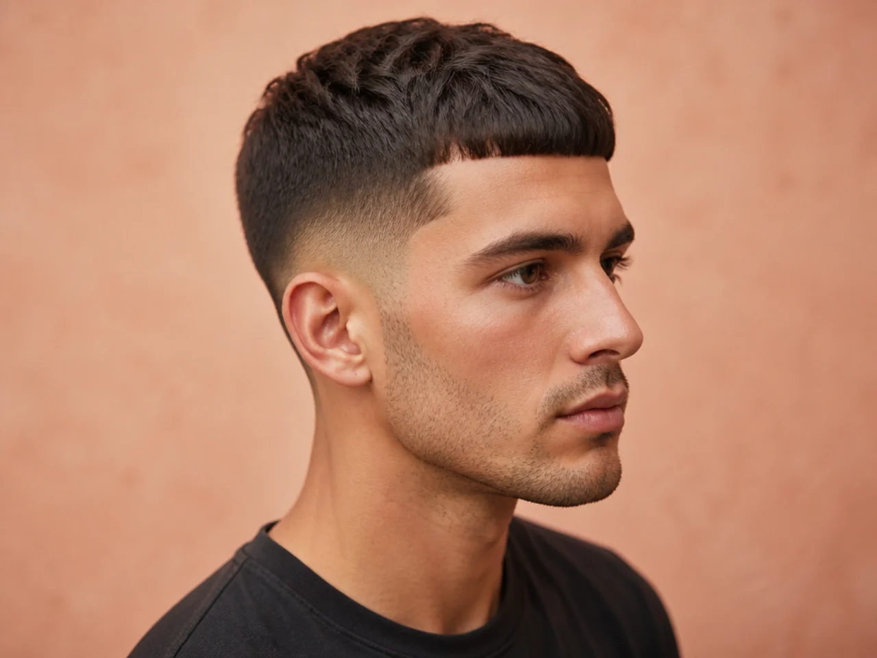 Caesar cut on a man with a short blunt fringe brushed forward across the brow