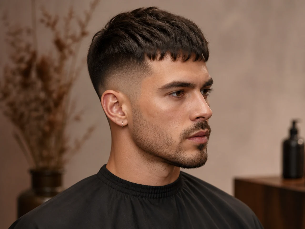 French crop with a short forward fringe and mid fade at the sides