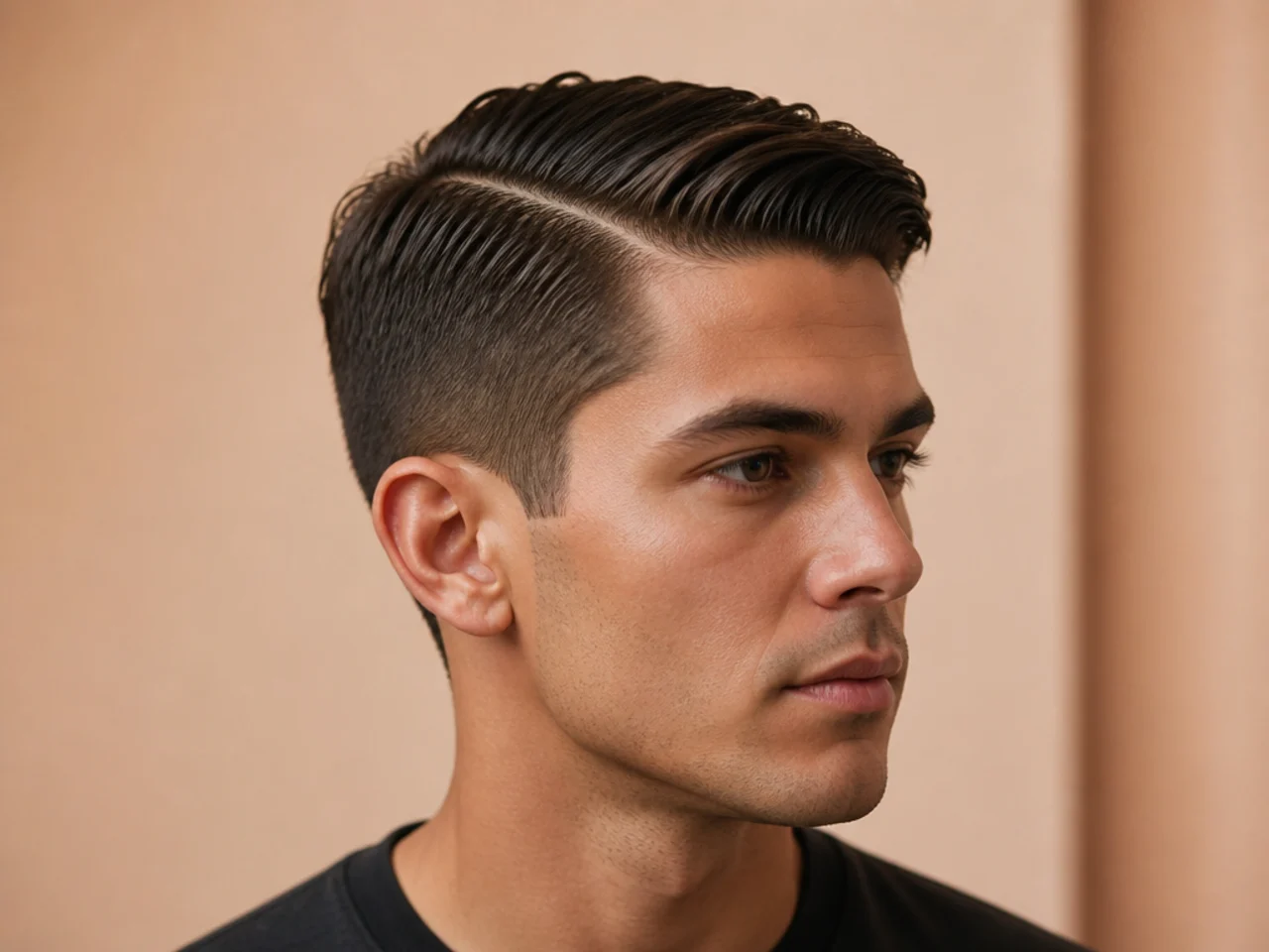 Short side part on a man with two inches on top and a clean natural part line