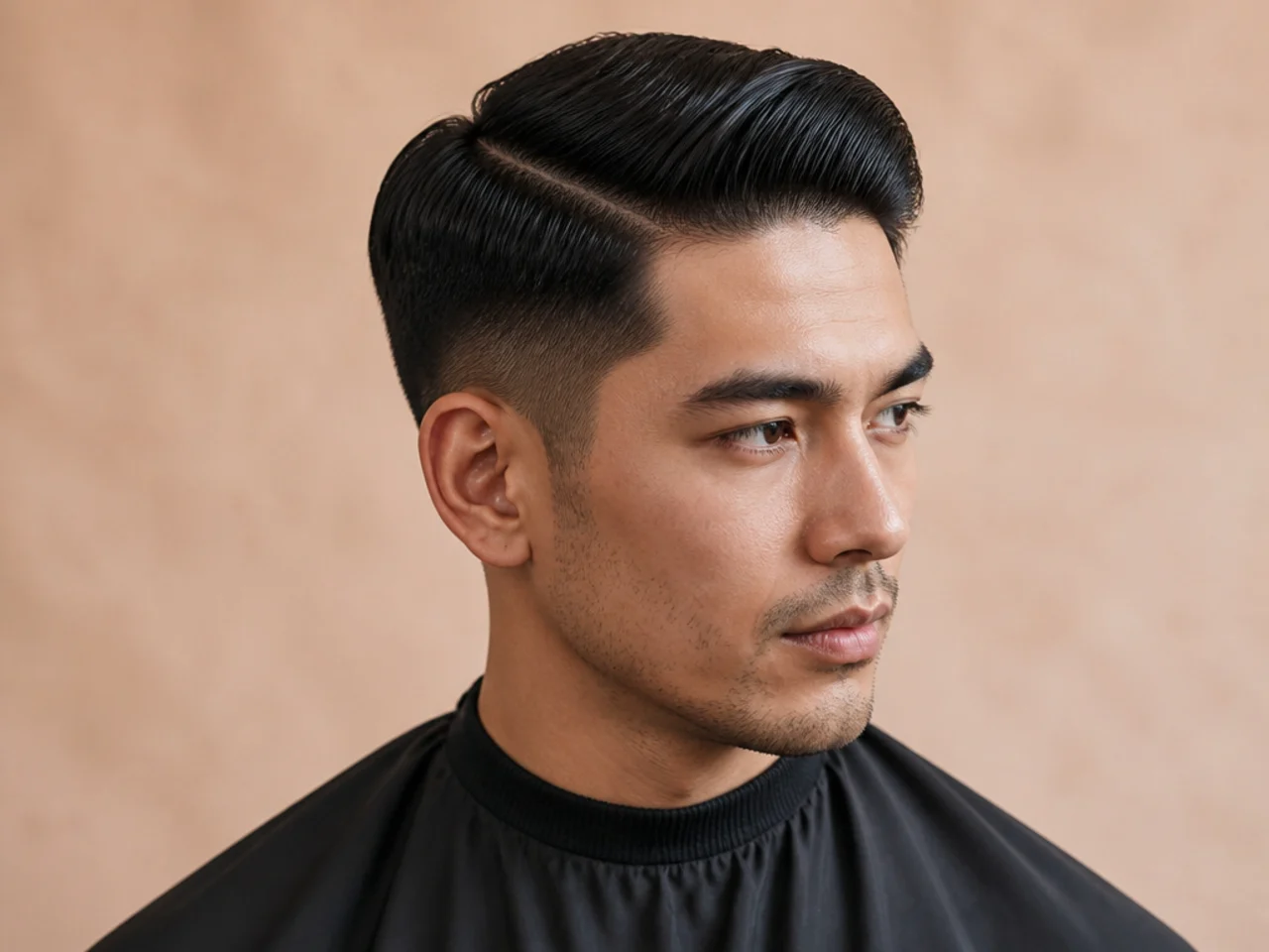Classic comb over on a man with medium-length top swept across and low taper at the sides