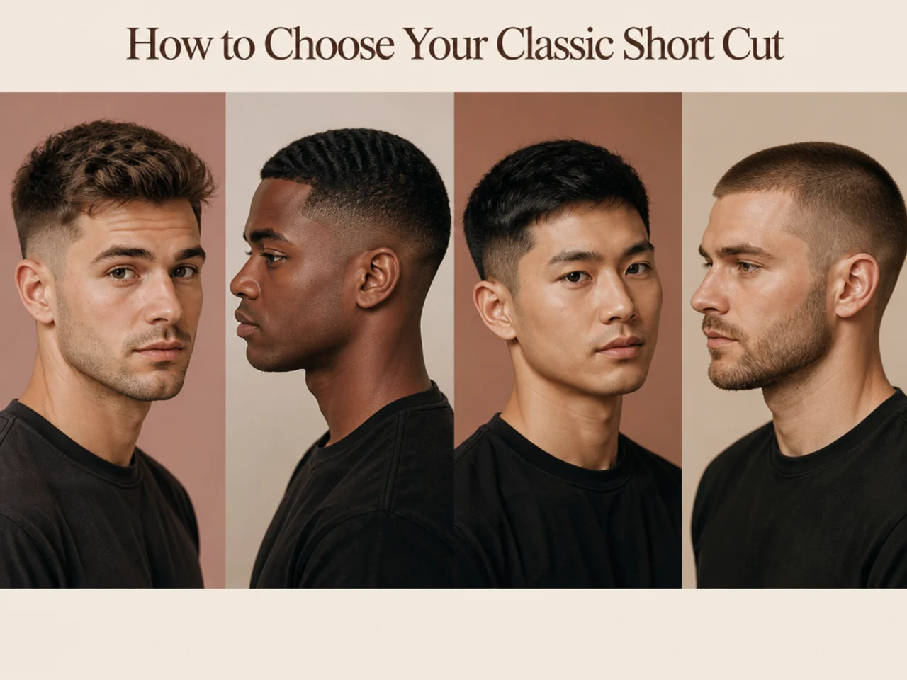 Three men wearing different classic short haircut variations on different face shapes