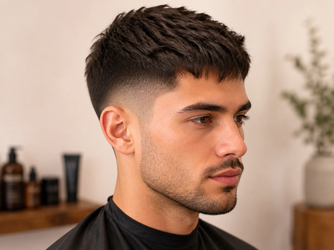 Styling products for classic short mens haircuts — matte clay, medium-shine pomade, and fine-tooth comb