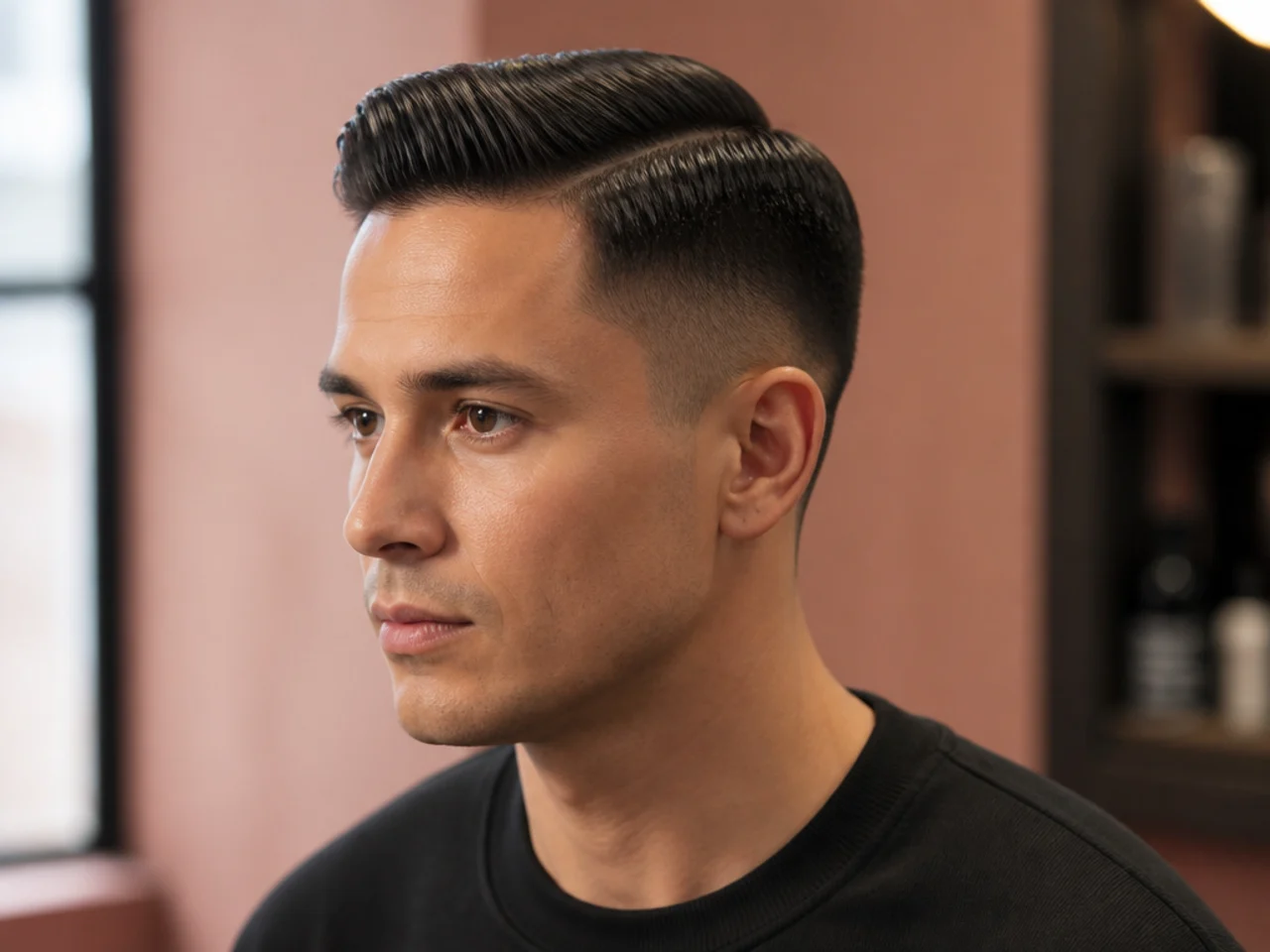 Side profile of a classic short haircut showing tapered sides and controlled top
