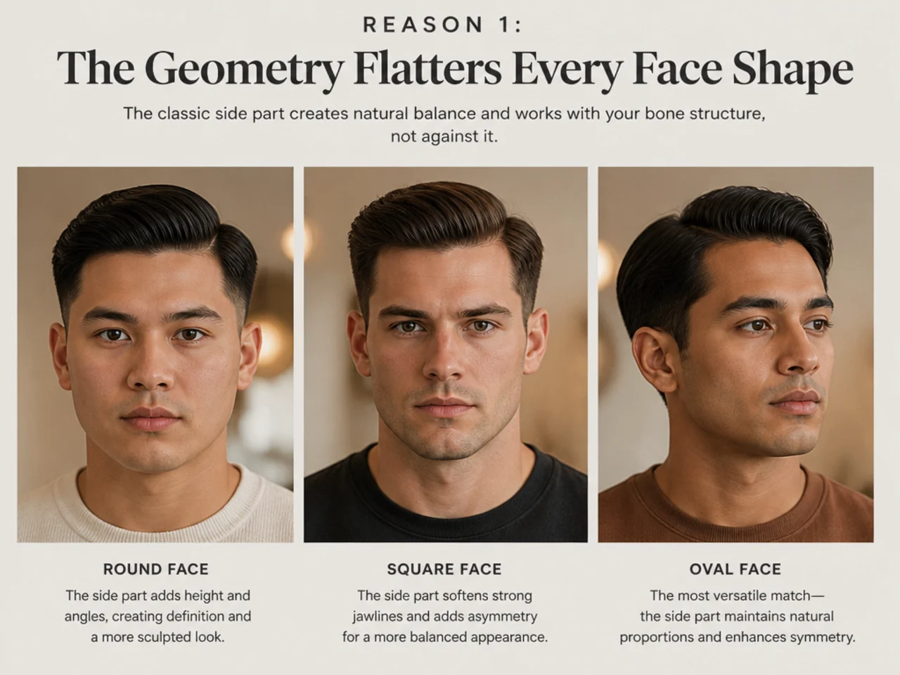 Three men with round, square, and oval face shapes wearing the classic side part