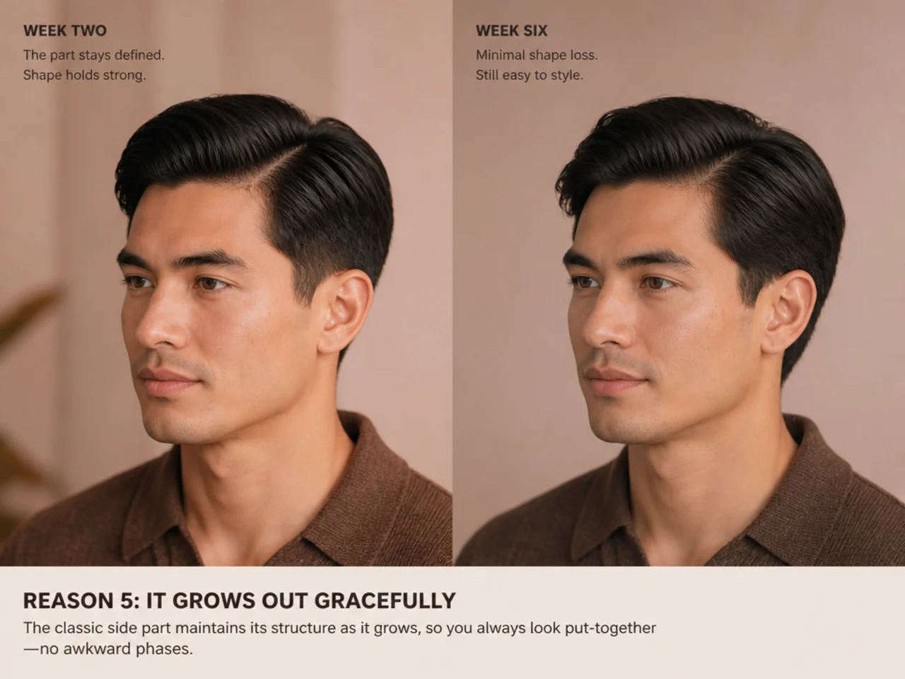 Two portraits of the same classic side part at week two and week six showing minimal shape loss