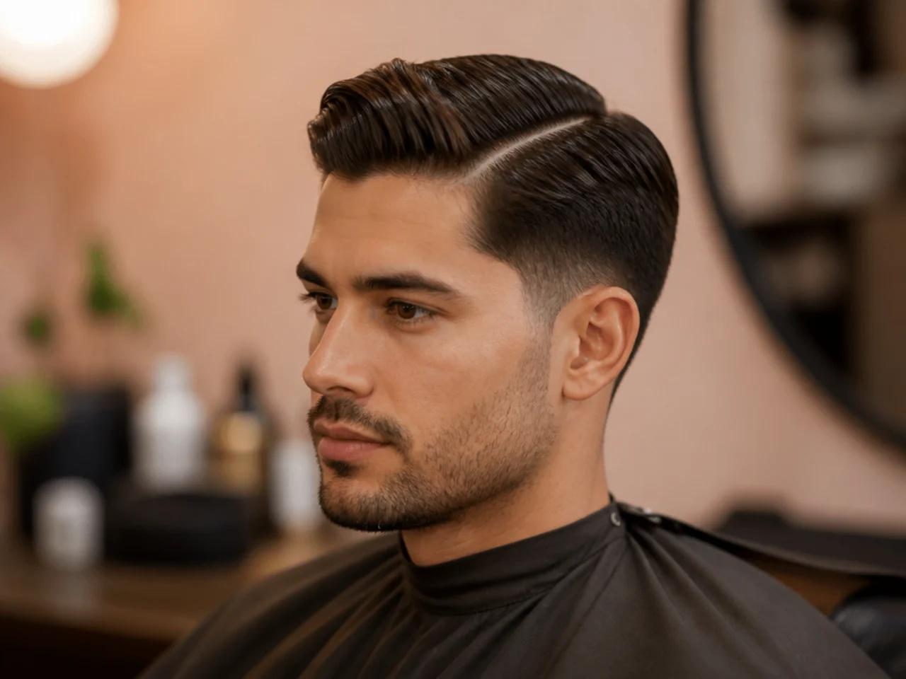 Barber combing a scissor-tapered classic side part with a fine-tooth comb