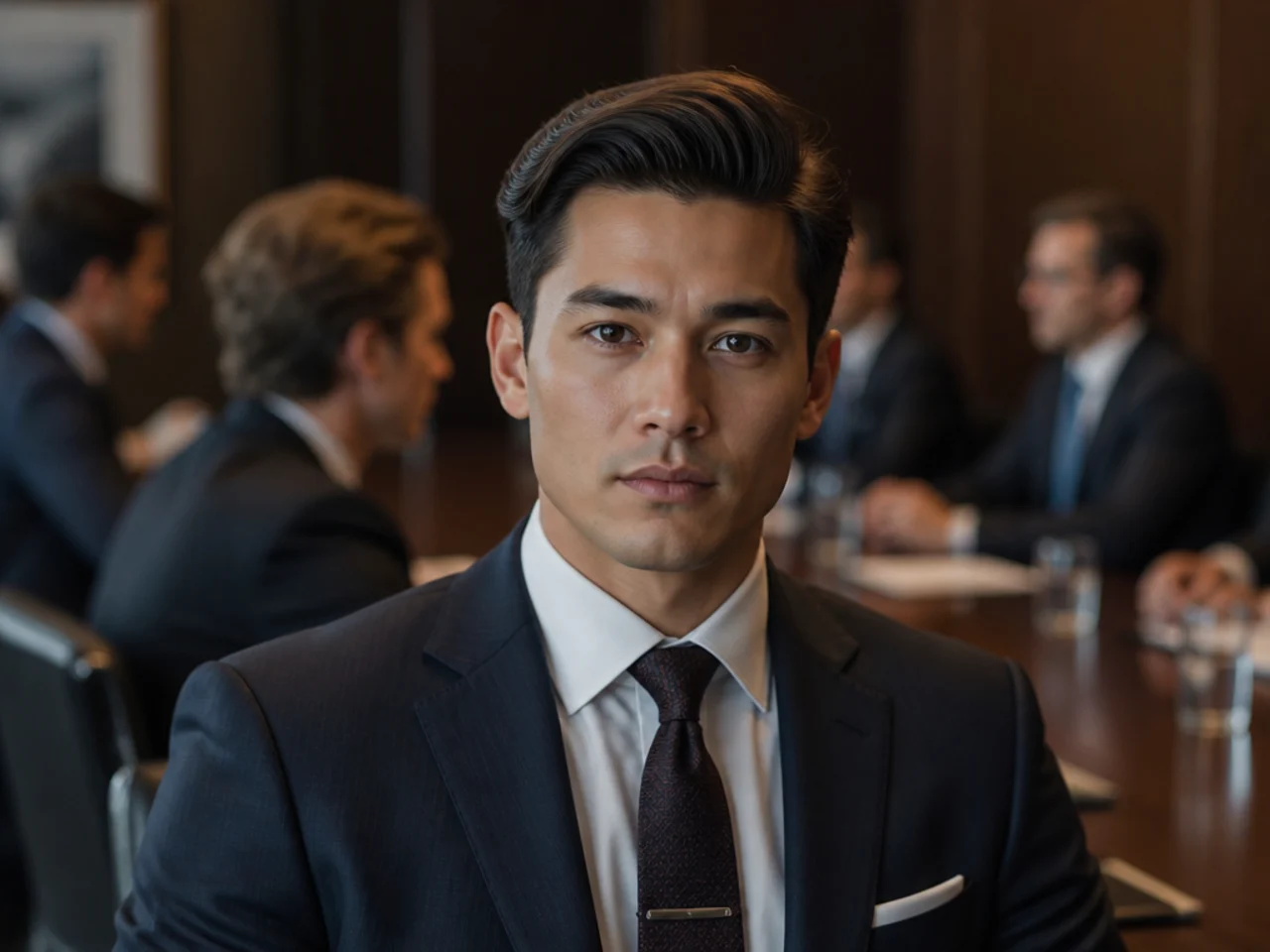 Man in a business suit wearing a classic side part with a boardroom backdrop
