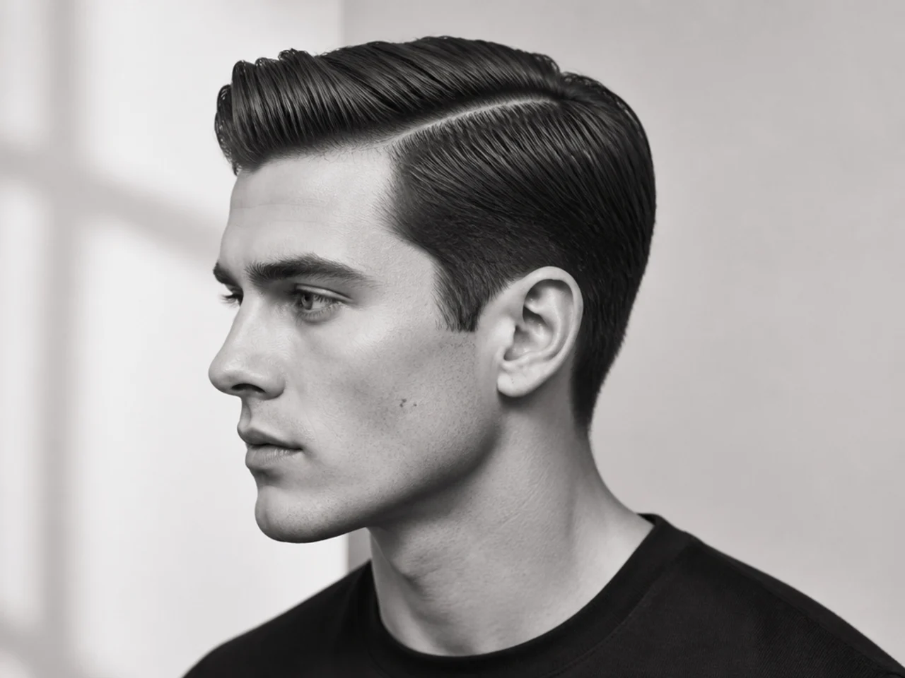 Black and white editorial portrait of a classic side part in soft studio light