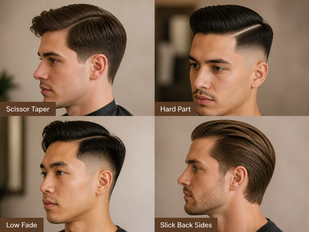 Four side-part variations showing scissor taper, hard part, low fade, and slick back sides