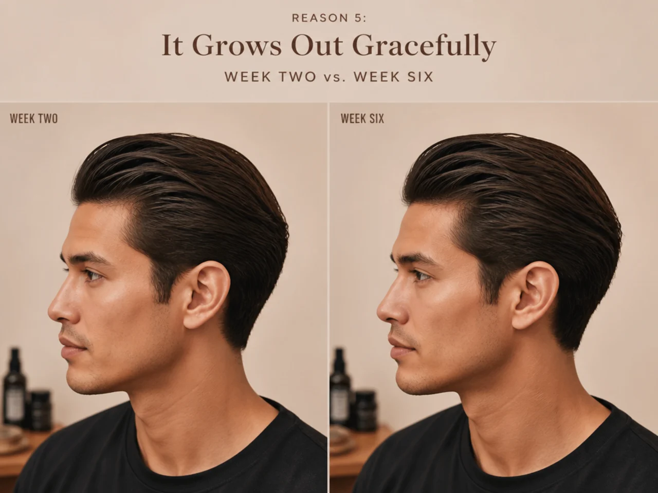 Two portraits of the same classic slick back at week two and week six showing minimal shape loss