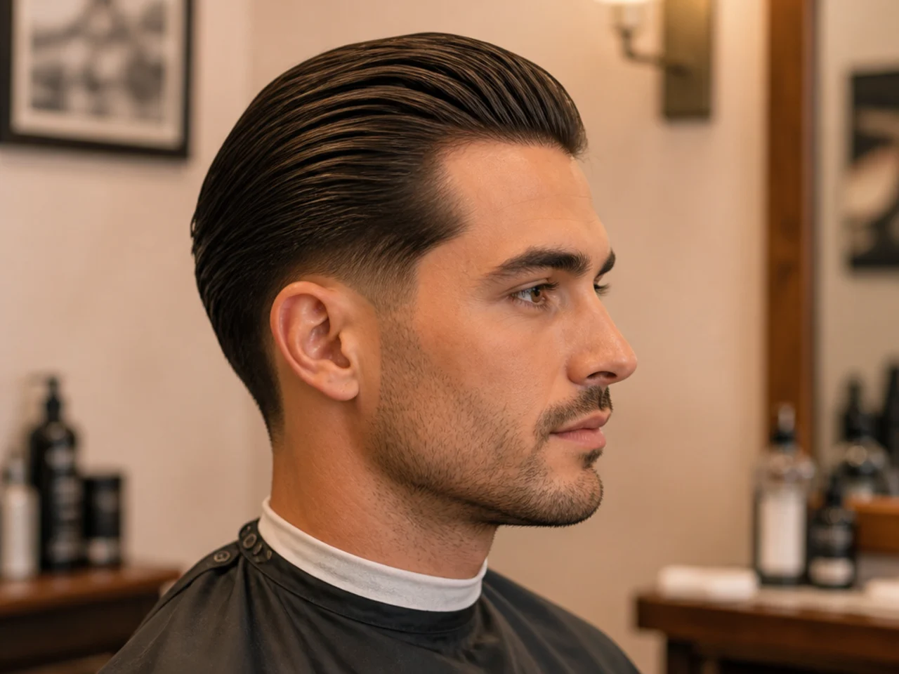 Barber combing back a client's classic slick back with a fine-tooth comb