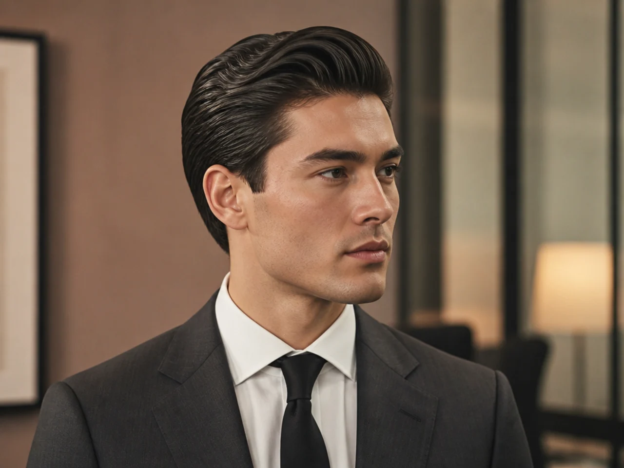 Man in a tailored charcoal suit wearing a classic slick back with soft boardroom lighting