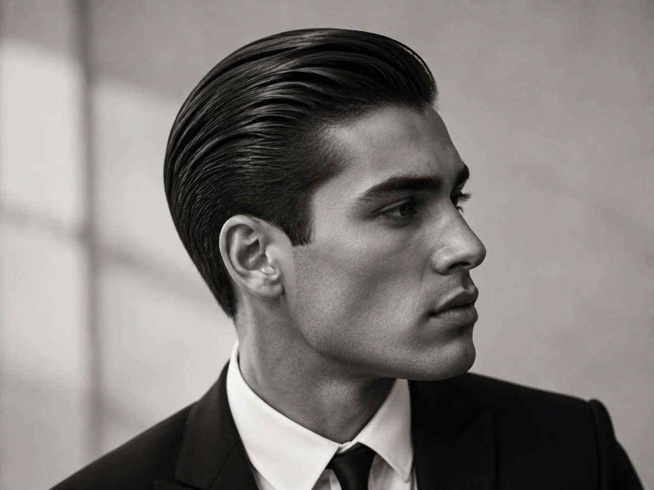 Black-and-white editorial portrait of a classic slick back under soft studio lighting
