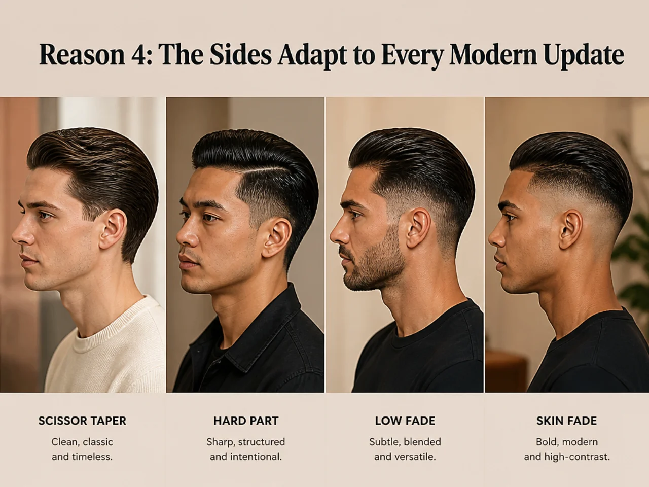 Four slick back variations showing scissor taper, hard part, low fade, and skin fade sides