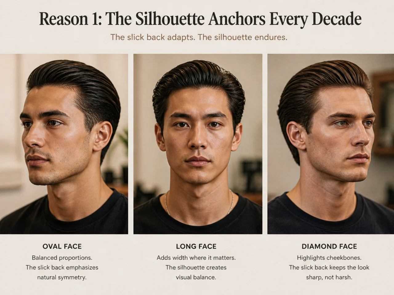 Three men with oval, long, and diamond face shapes wearing the classic slick back