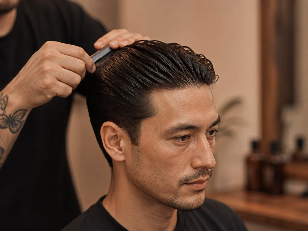Product lineup for styling a classic slick back including oil-based pomade and fine-tooth comb