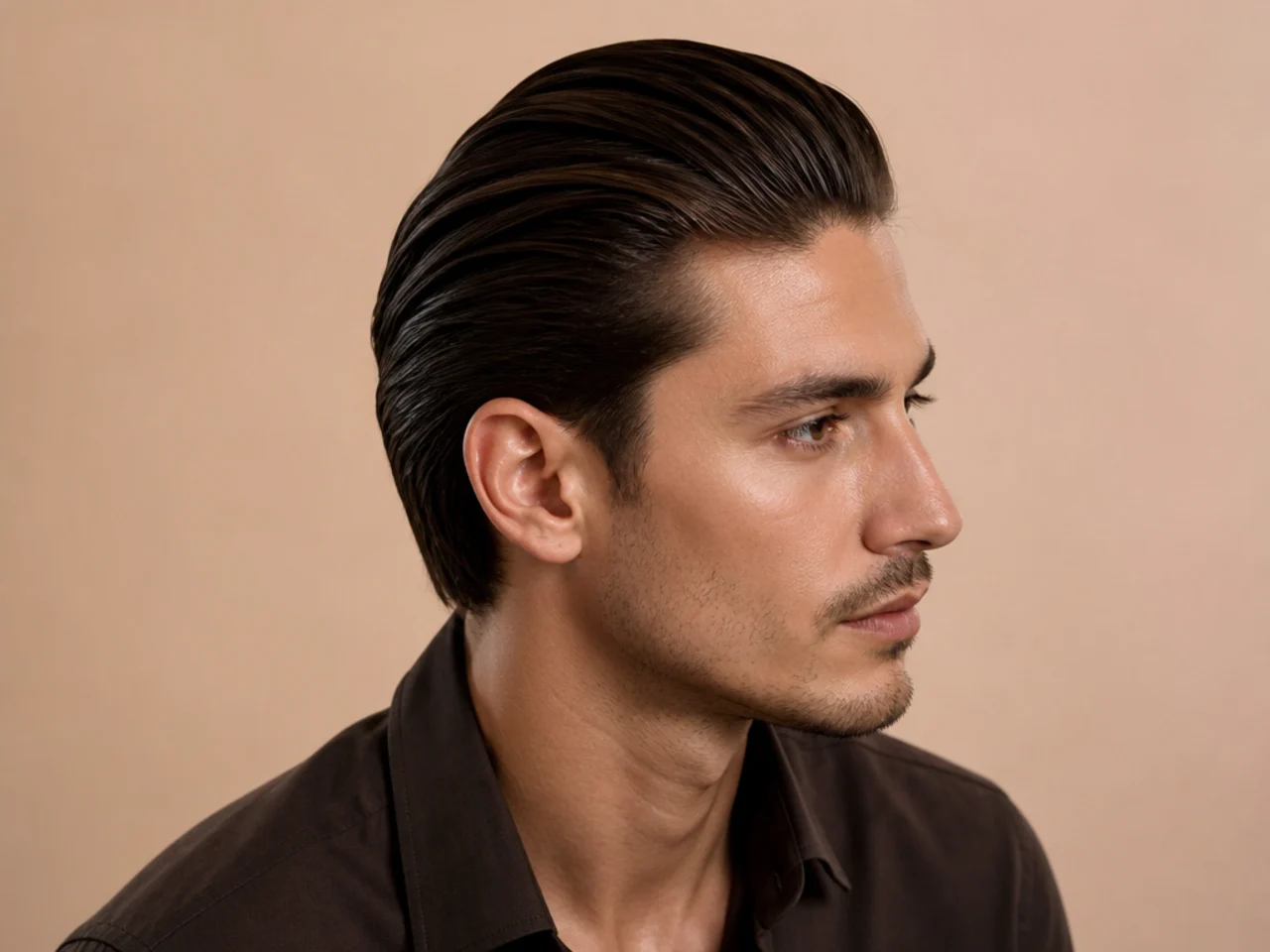 Side profile of a scissor-tapered classic slick back with hair combed straight back over the crown