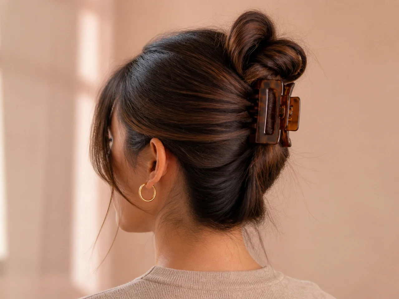 Fine hair prepared and coiled into a claw clip bun