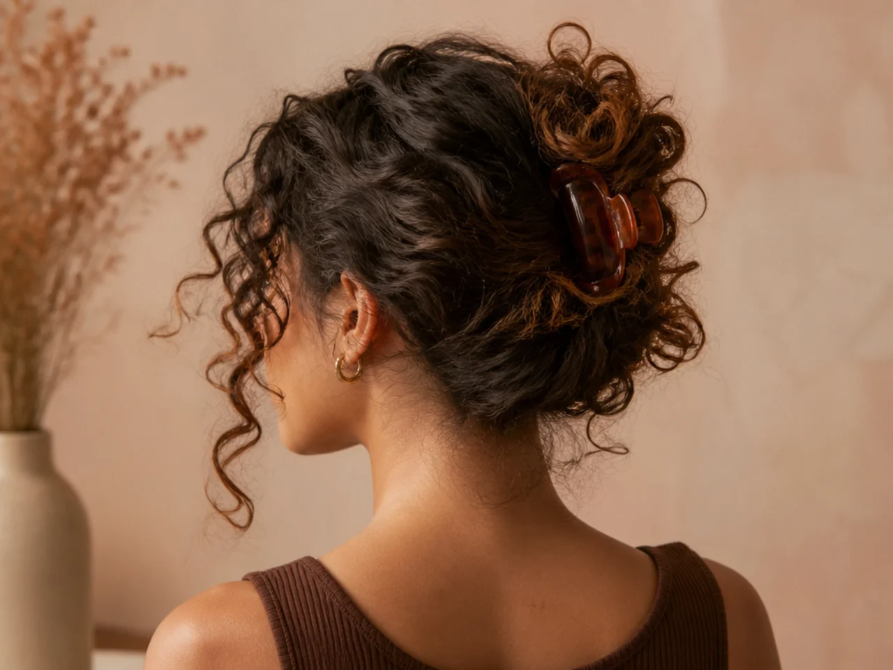 Curly hair loosely coiled into a claw clip bun