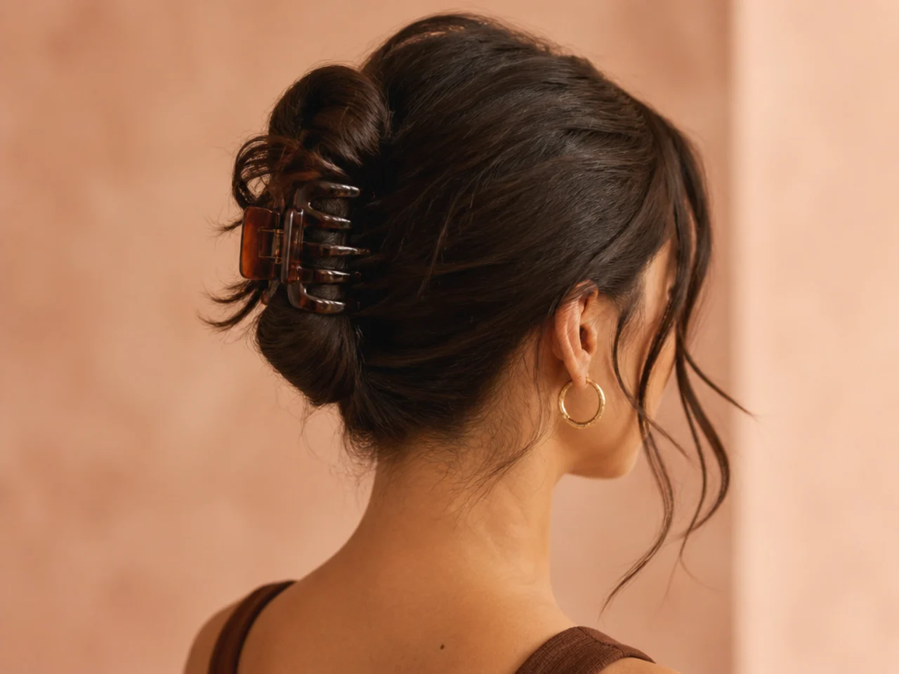 Claw clip bun with tendrils at the temples