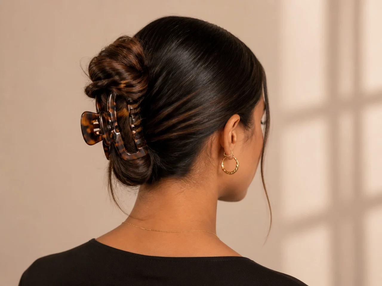 Claw clip bun with a clean centre parting