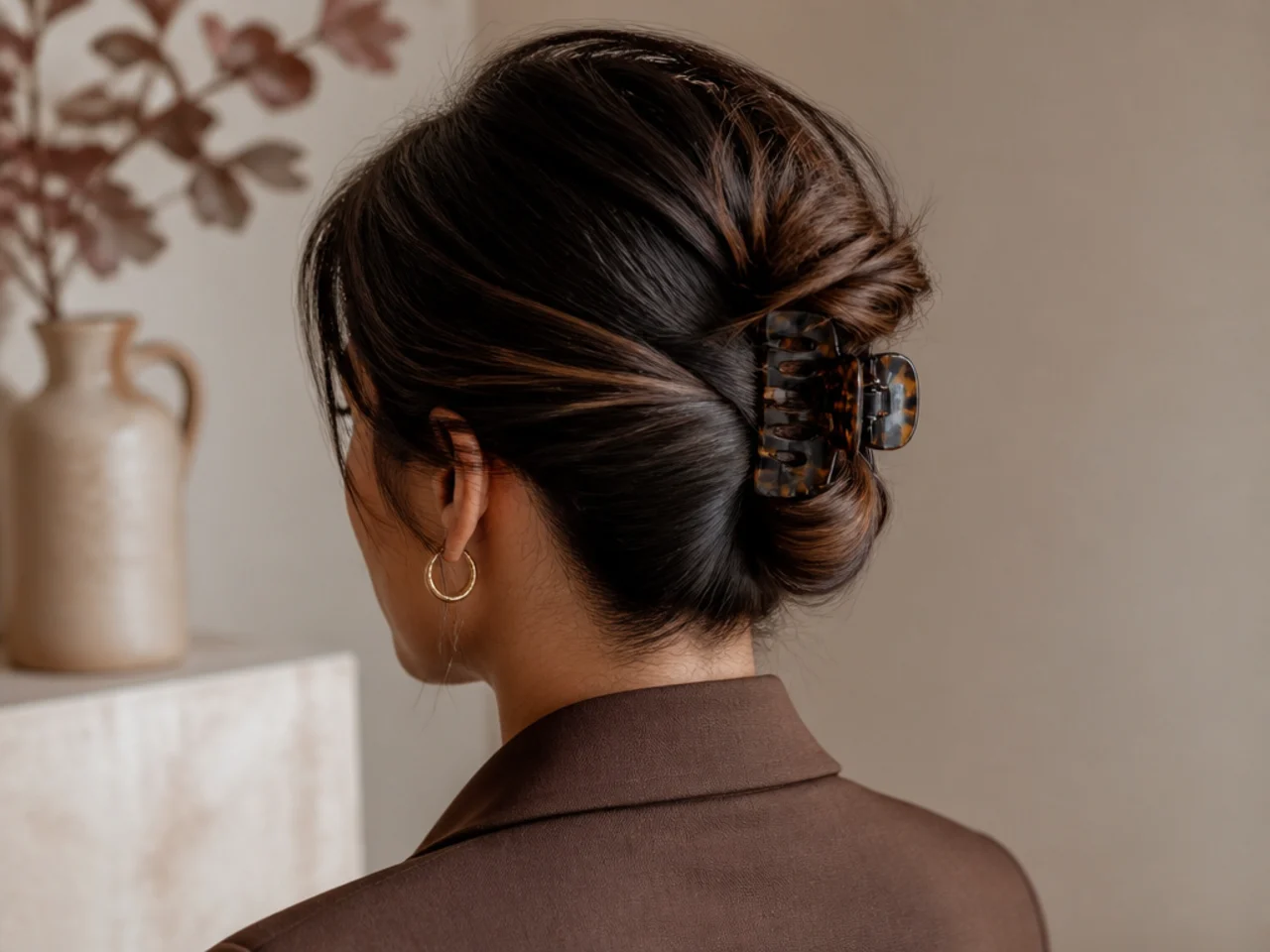 Neat low office-appropriate claw clip bun