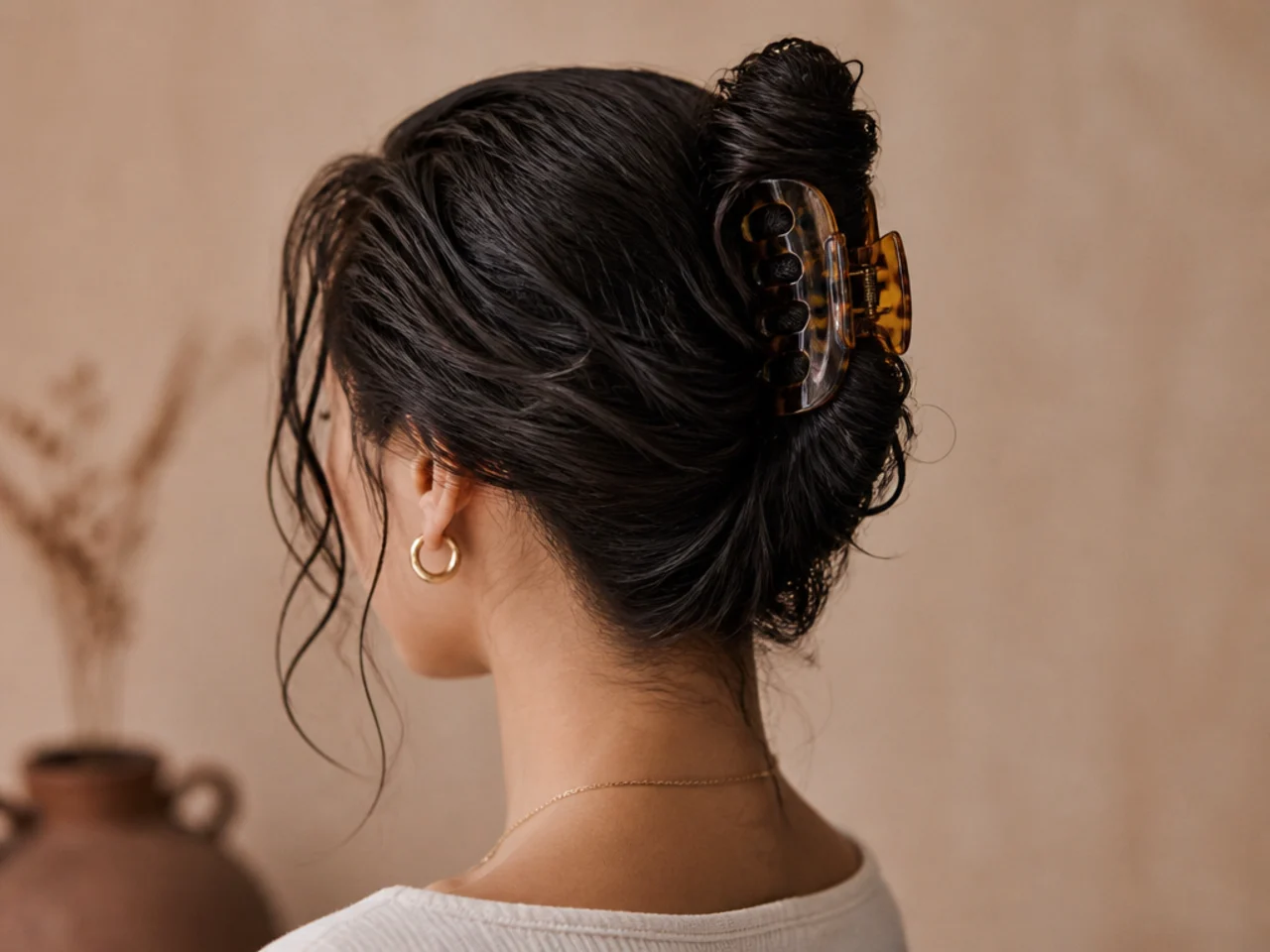 Damp hair coiled into a bun to set waves