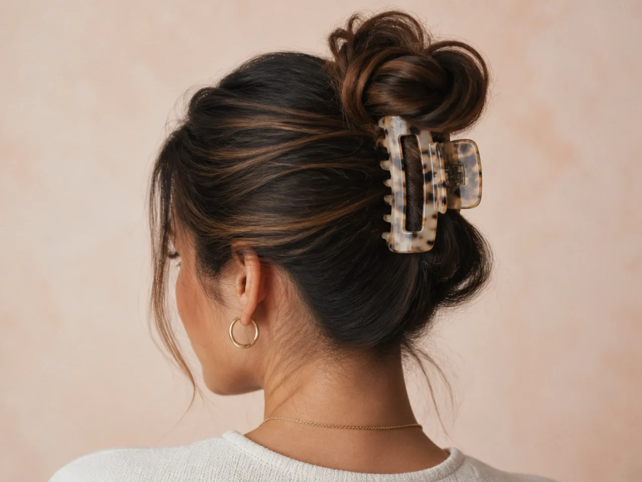 High claw clip bun at the crown