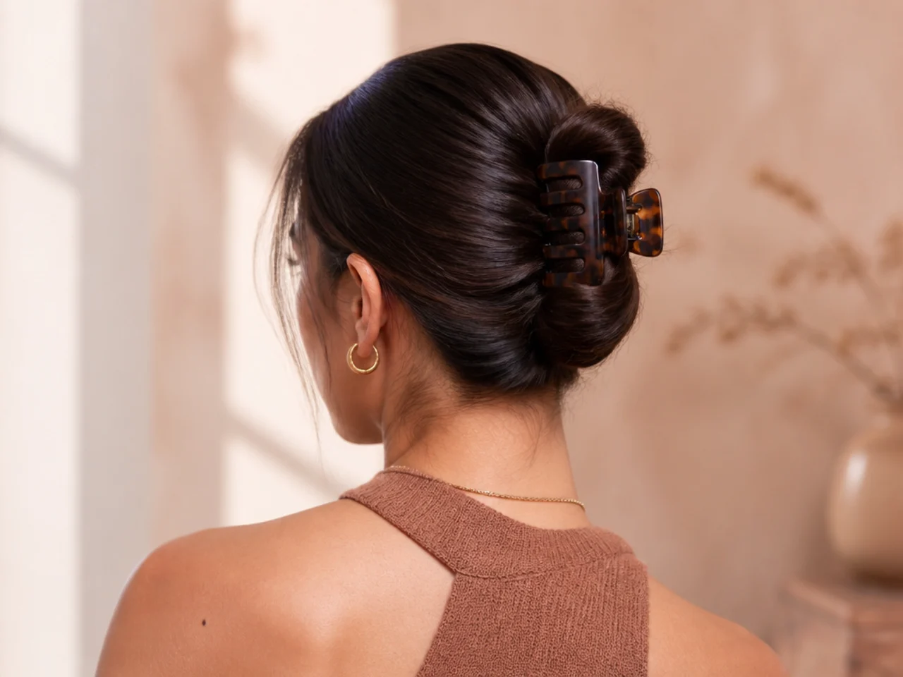 Sleek smoothed claw clip bun