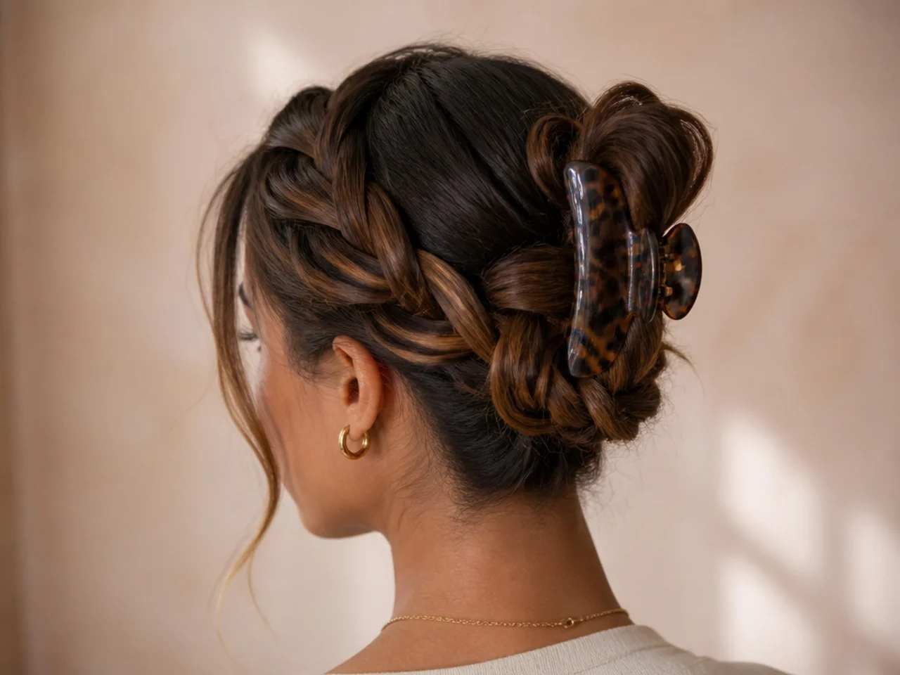 Braided hair coiled into a claw clip bun