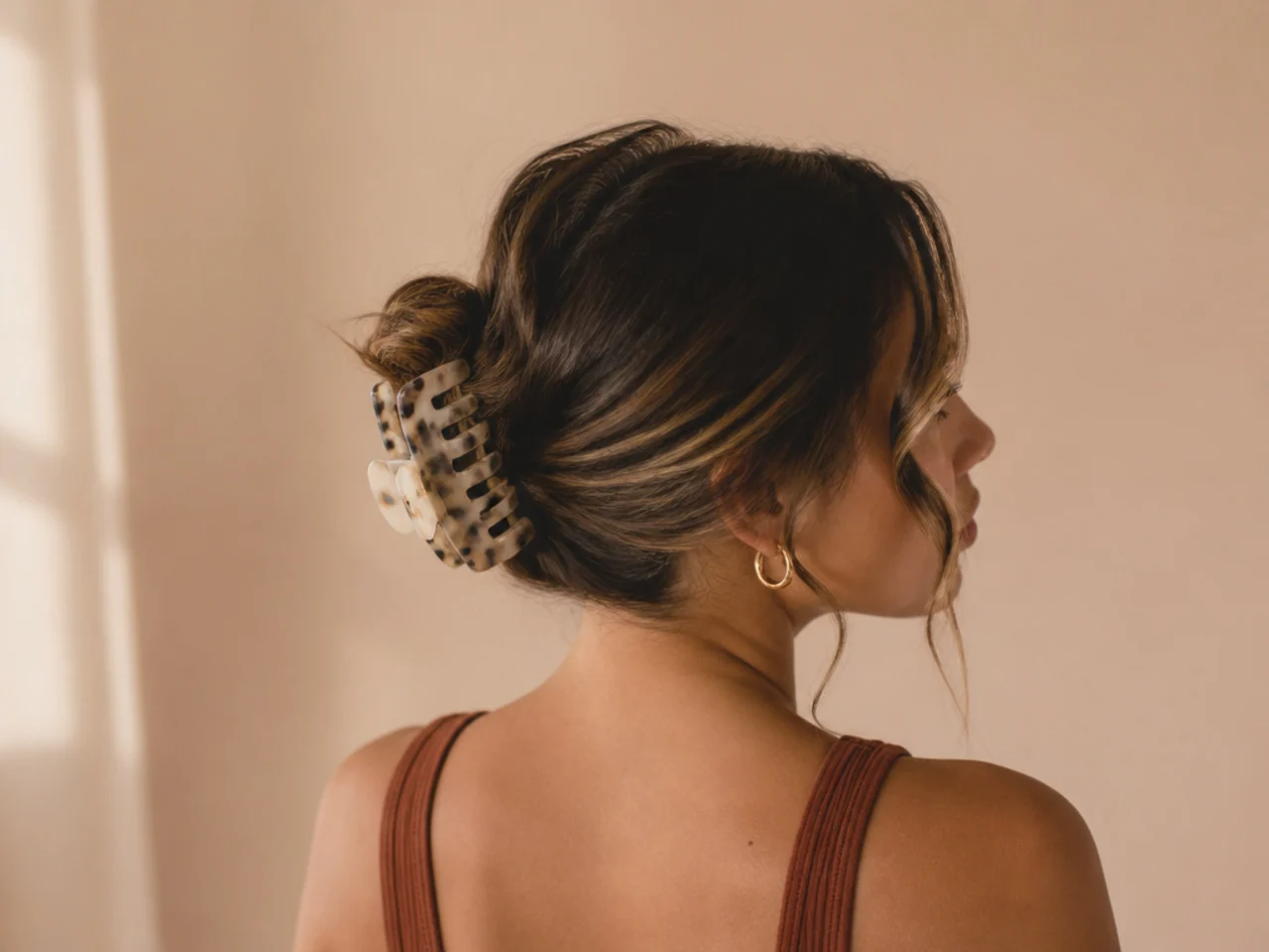 Three-quarter view of a finished claw clip bun