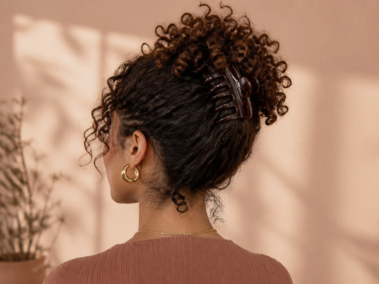 A high curly puff secured with a clip